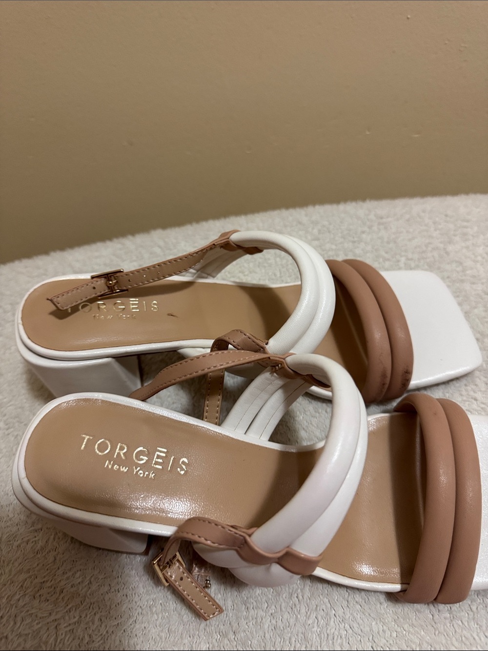 Torgeis New York White & Tan Knotted Strap Block Heel Sandals
